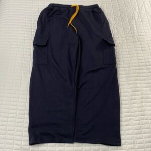Baggy wide leg navy cargo sweatpants with yellow accents size L